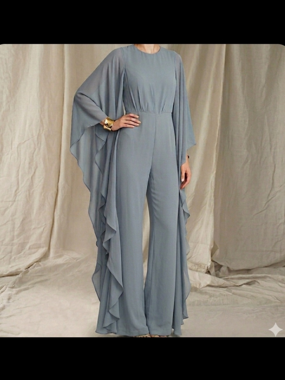 TS Couture Lanting Bride Dusty Blu Cape Sleeve Jumpsuit Formal Evening Pant Suit